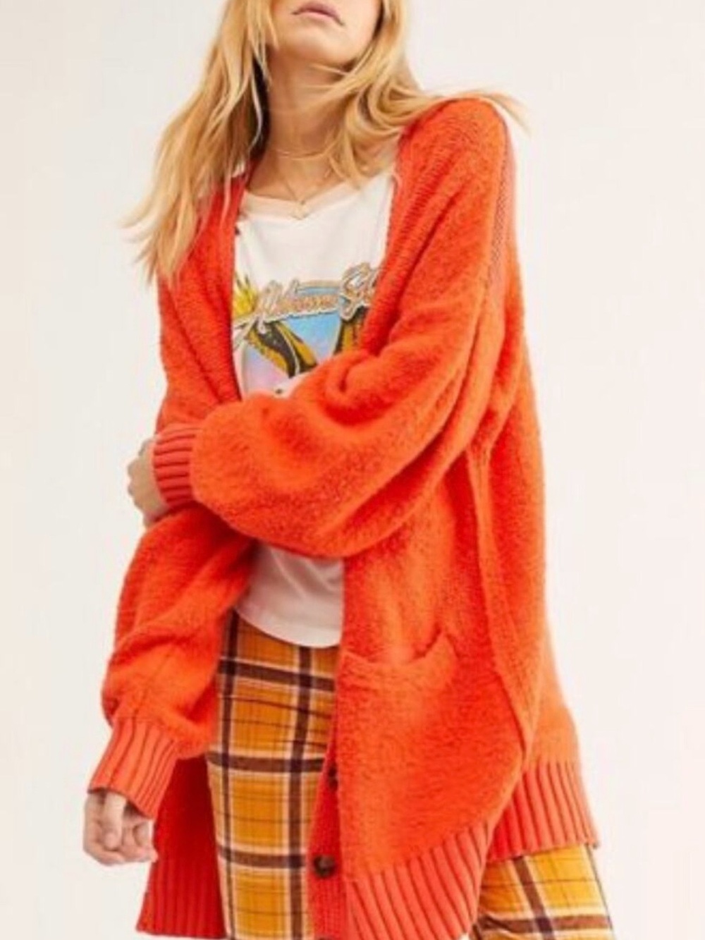 Free People Orange Snow Drop Cardigan Sweater Size XS Button Up Oversized